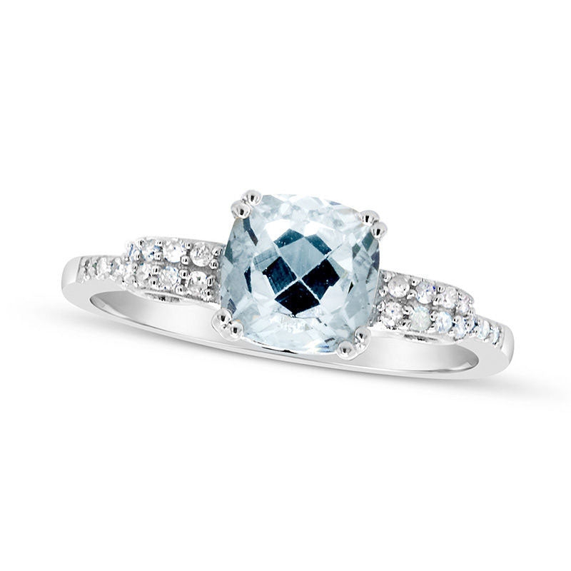 Image of ID 1 70mm Cushion-Cut Aquamarine and 010 CT TW Natural Diamond Scrolling Ribbon Side Accent Ring in Sterling Silver