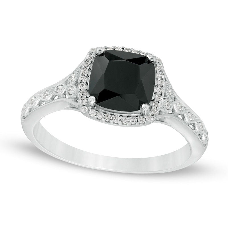 Image of ID 1 70mm Cushion-Cut Black Sapphire and 010 CT TW Natural Diamond Frame Antique Vintage-Style Ring in Solid 10K White Gold