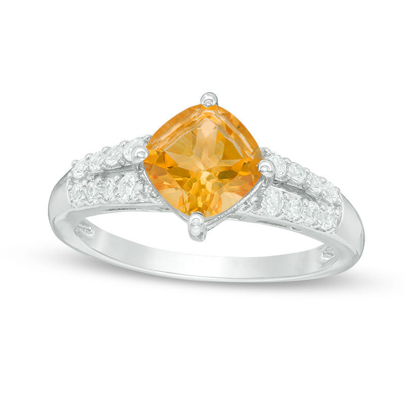 Image of ID 1 70mm Cushion-Cut Citrine and Lab-Created White Sapphire Split Shank Ring in Sterling Silver