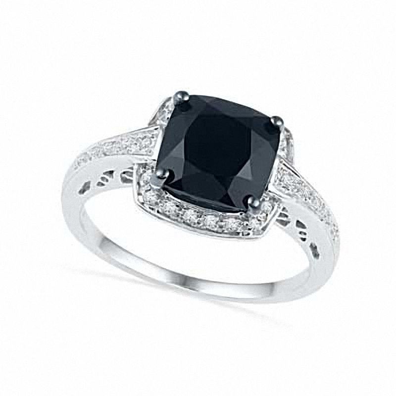 Image of ID 1 70mm Cushion-Cut Faceted Onyx and Natural Diamond Accent Frame Ring in Sterling Silver
