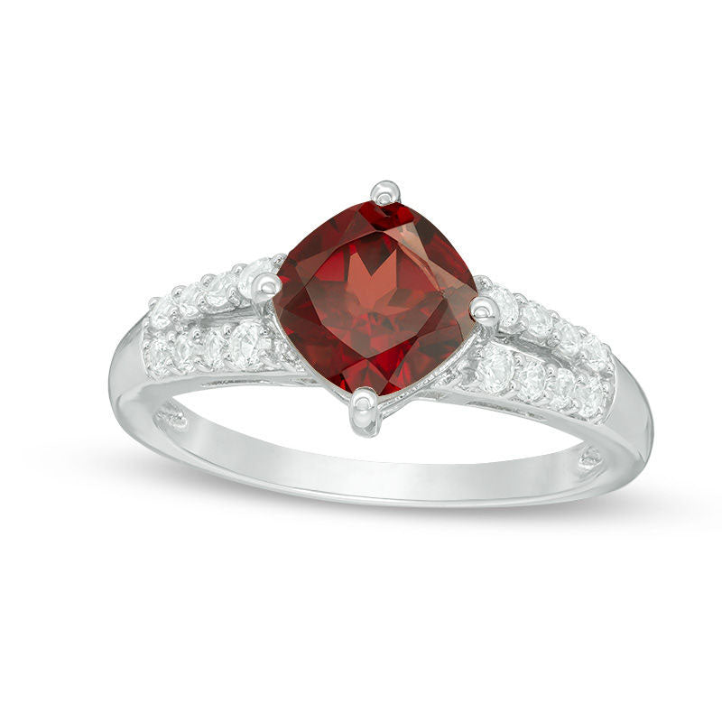 Image of ID 1 70mm Cushion-Cut Garnet and Lab-Created White Sapphire Split Shank Ring in Sterling Silver