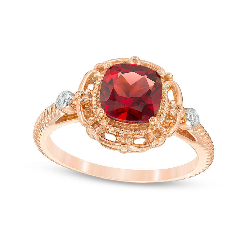 Image of ID 1 70mm Cushion-Cut Garnet and Natural Diamond Accent Ring in Solid 10K Rose Gold