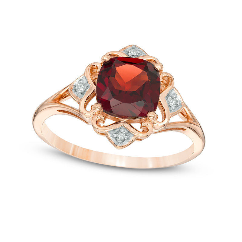 Image of ID 1 70mm Cushion-Cut Garnet and Natural Diamond Accent Scroll Frame Ring in Solid 10K Rose Gold