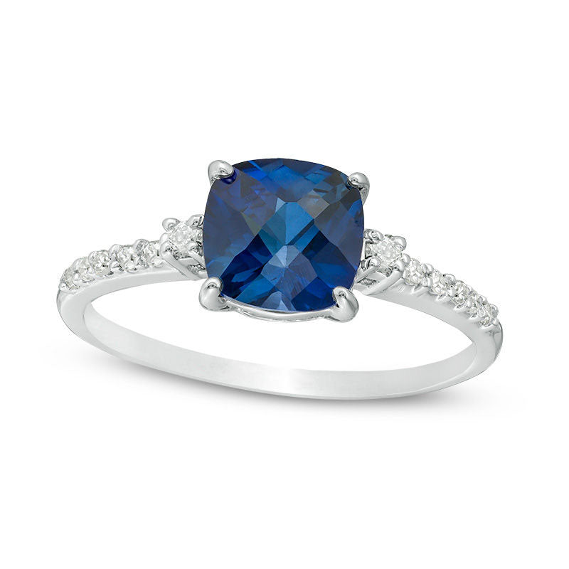 Image of ID 1 70mm Cushion-Cut Lab-Created Blue Sapphire and 013 CT TW Diamond Engagement Ring in Solid 10K White Gold
