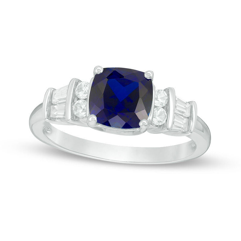 Image of ID 1 70mm Cushion-Cut Lab-Created Blue and White Sapphire Double Collar Ring in Sterling Silver