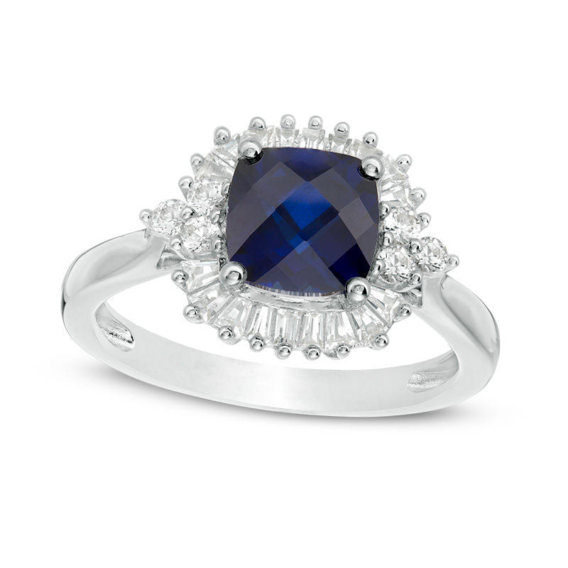 Image of ID 1 70mm Cushion-Cut Lab-Created Blue and White Sapphire Sunburst Frame Tri-Sides Ring in Sterling Silver