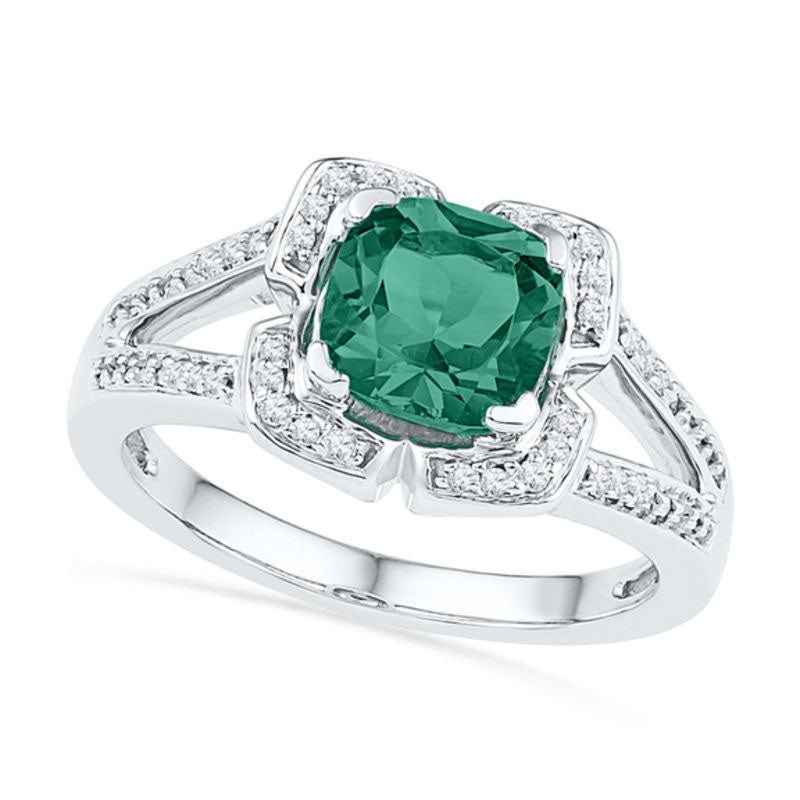 Image of ID 1 70mm Cushion-Cut Lab-Created Emerald and 010 CT TW Diamond Frame Ring in Sterling Silver