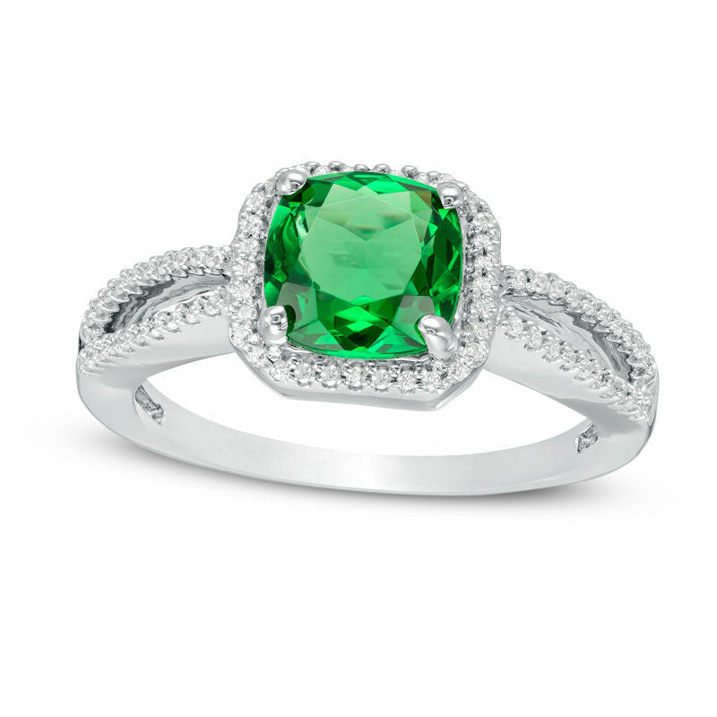 Image of ID 1 70mm Cushion-Cut Lab-Created Emerald and 013 CT TW Diamond Frame Split Shank Engagement Ring in Solid 10K White Gold