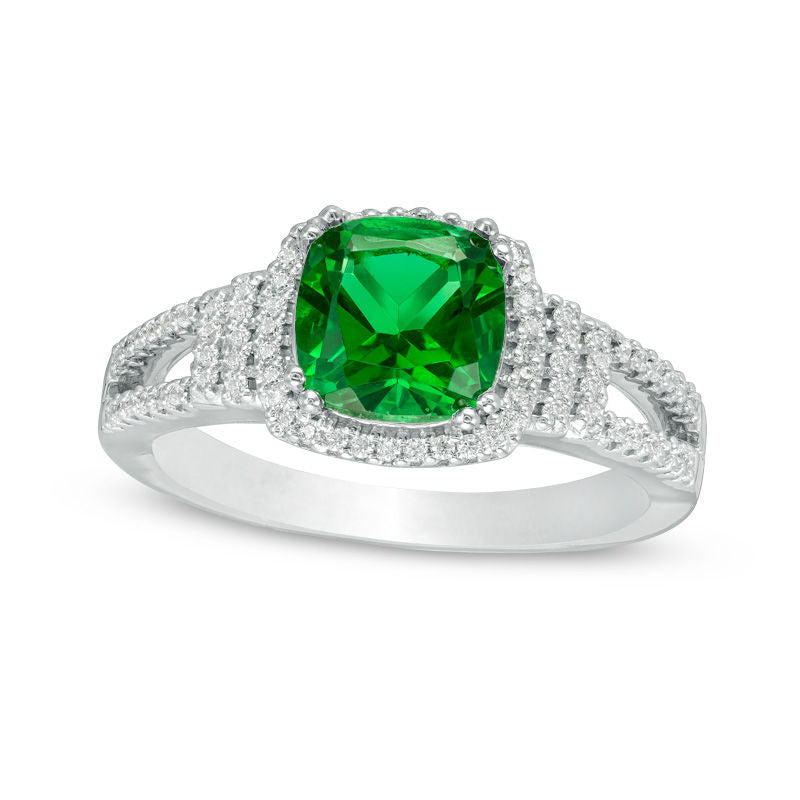 Image of ID 1 70mm Cushion-Cut Lab-Created Emerald and 020 CT TW Diamond Collar Engagement Ring in Sterling Silver