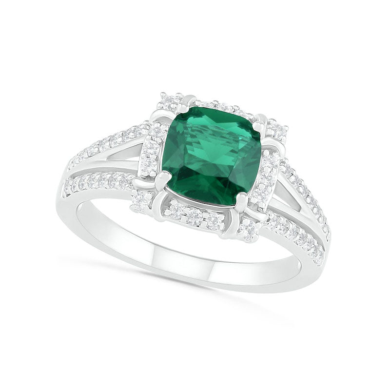 Image of ID 1 70mm Cushion-Cut Lab-Created Emerald and White Sapphire Frame Art Deco Split Shank Ring in Sterling Silver