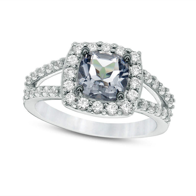 Image of ID 1 70mm Cushion-Cut Lab-Created Grey Spinel and White Sapphire Frame Split Shank Ring in Sterling Silver