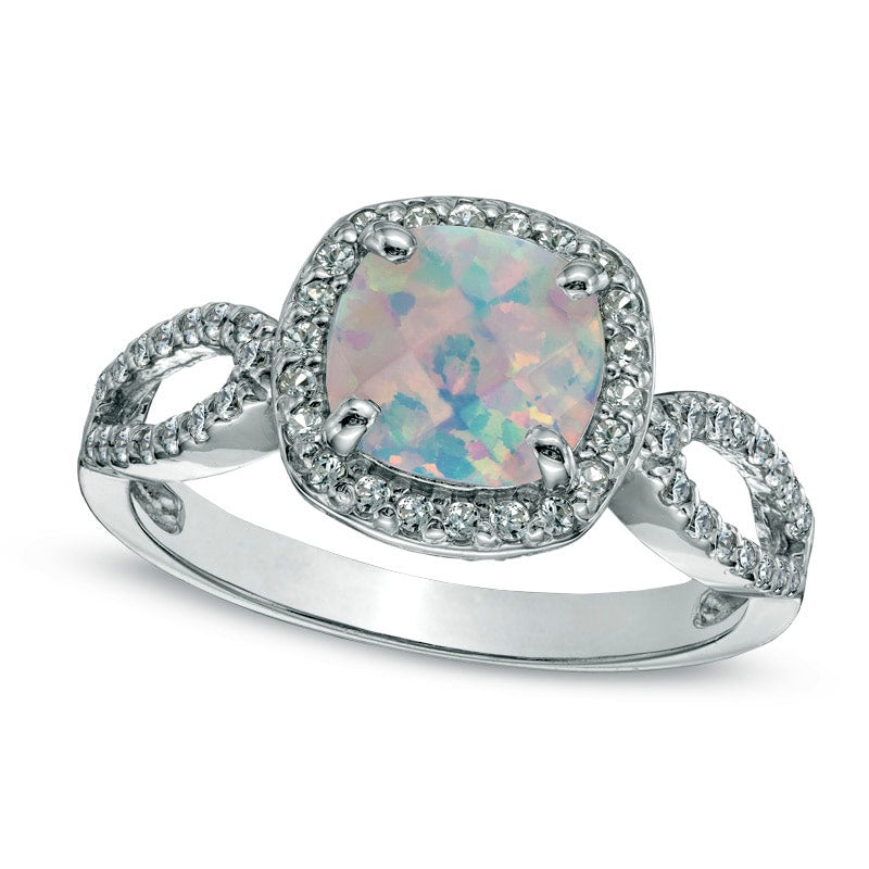 Image of ID 1 70mm Cushion-Cut Lab-Created Opal and White Sapphire Ring in Sterling Silver
