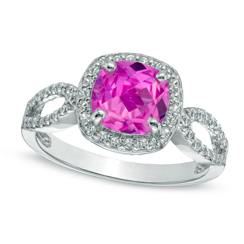 Image of ID 1 70mm Cushion-Cut Lab-Created Pink and White Sapphire Ring in Sterling Silver