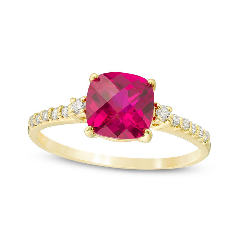 Image of ID 1 70mm Cushion-Cut Lab-Created Ruby and 013 CT TW Diamond Engagement Ring in Solid 10K Yellow Gold