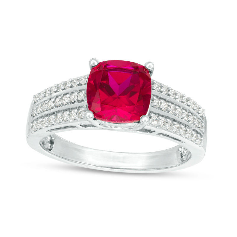 Image of ID 1 70mm Cushion-Cut Lab-Created Ruby and 025 CT TW Diamond Triple Row Ring in Solid 10K White Gold