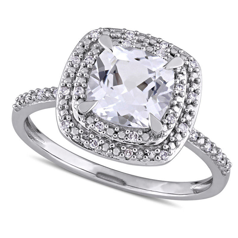 Image of ID 1 70mm Cushion-Cut Lab-Created White Sapphire and 010 CT TW Diamond Double Frame Ring in Solid 10K White Gold