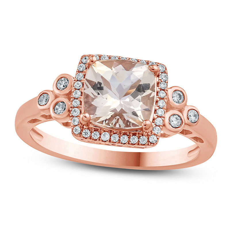 Image of ID 1 70mm Cushion-Cut Morganite and 017 CT TW Natural Diamond Frame Tri-Sides Ring in Solid 10K Rose Gold