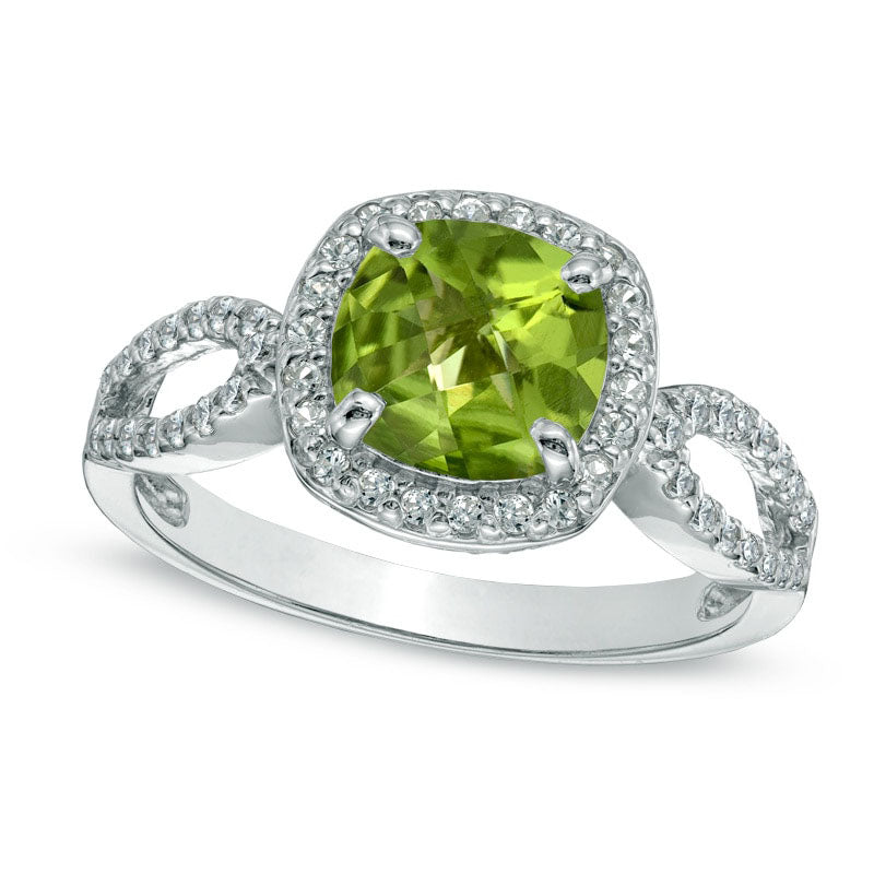 Image of ID 1 70mm Cushion-Cut Peridot and Lab-Created White Sapphire Ring in Sterling Silver