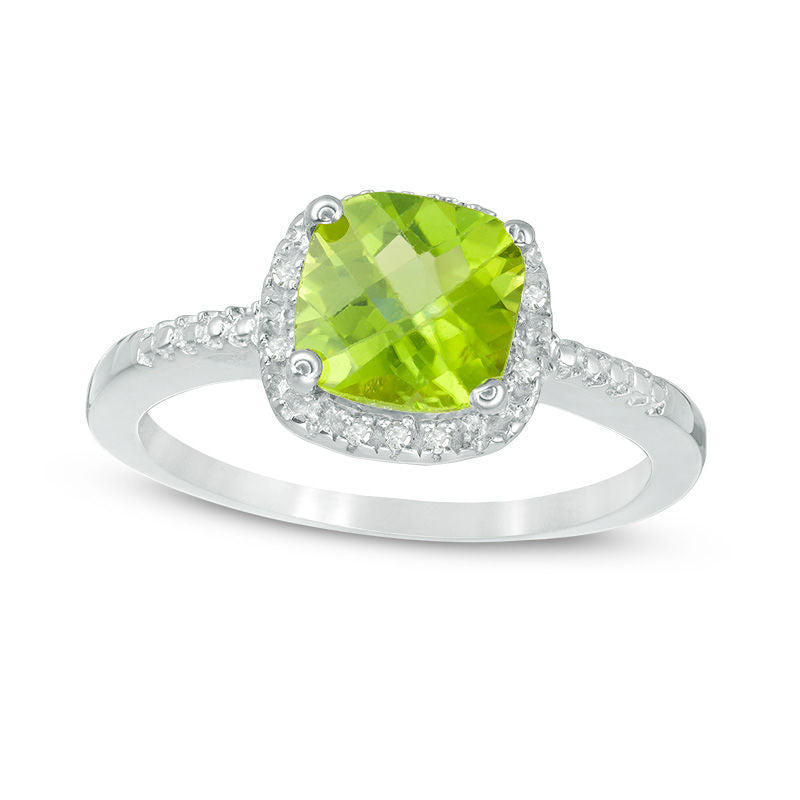 Image of ID 1 70mm Cushion-Cut Peridot and Natural Diamond Accent Frame Ring in Sterling Silver