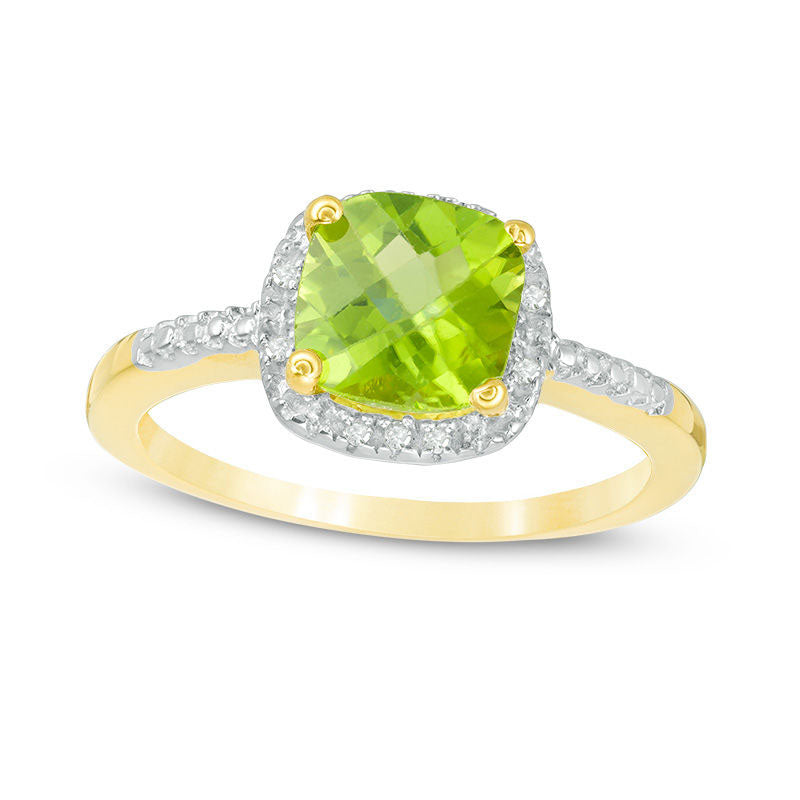 Image of ID 1 70mm Cushion-Cut Peridot and Natural Diamond Accent Frame Ring in Sterling Silver with Solid 14K Gold Plate