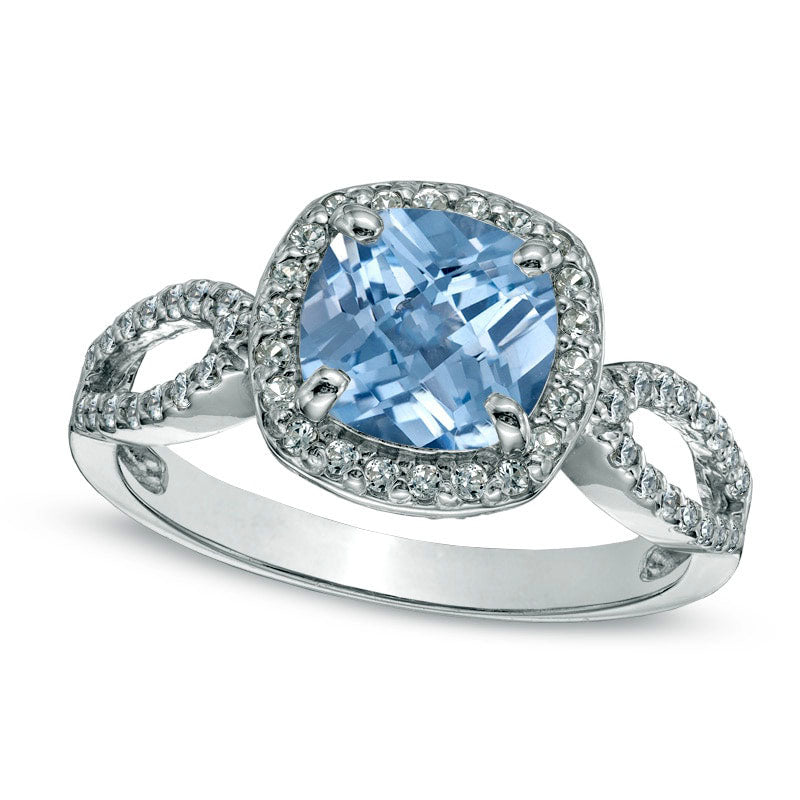 Image of ID 1 70mm Cushion-Cut Simulated Aquamarine and Lab-Created White Sapphire Ring in Sterling Silver