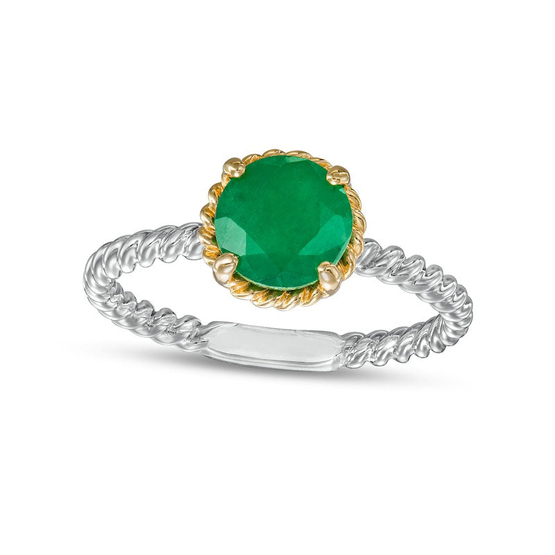 Image of ID 1 70mm Emerald Solitaire Rope-Textured Frame and Shank Ring in Sterling Silver and Solid 10K Yellow Gold