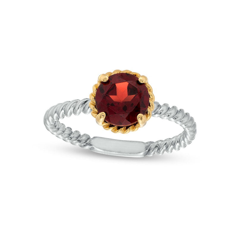 Image of ID 1 70mm Garnet Solitaire Rope-Textured Frame and Shank Ring in Sterling Silver and Solid 10K Yellow Gold
