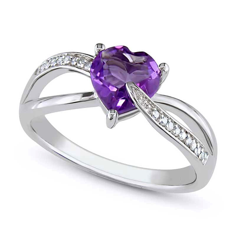 Image of ID 1 70mm Heart-Shaped Amethyst and 005 CT TW Natural Diamond Ring in Sterling Silver