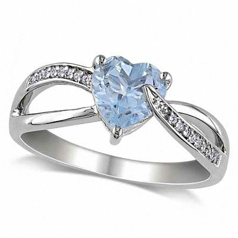 Image of ID 1 70mm Heart-Shaped Aquamarine and 005 CT TW Natural Diamond Split Shank Ring in Sterling Silver