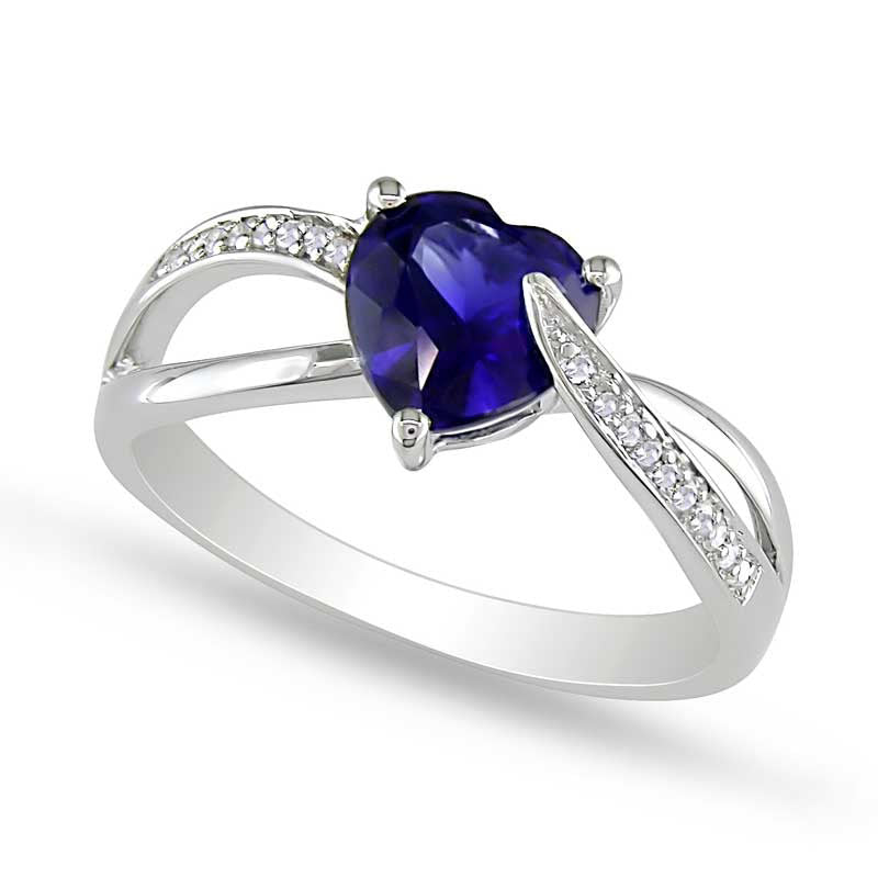Image of ID 1 70mm Heart-Shaped Lab-Created Blue Sapphire and 005 CT TW Diamond Ring in Sterling Silver