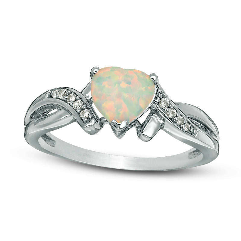 Image of ID 1 70mm Heart-Shaped Lab-Created Opal and White Sapphire Twist Ring in Sterling Silver
