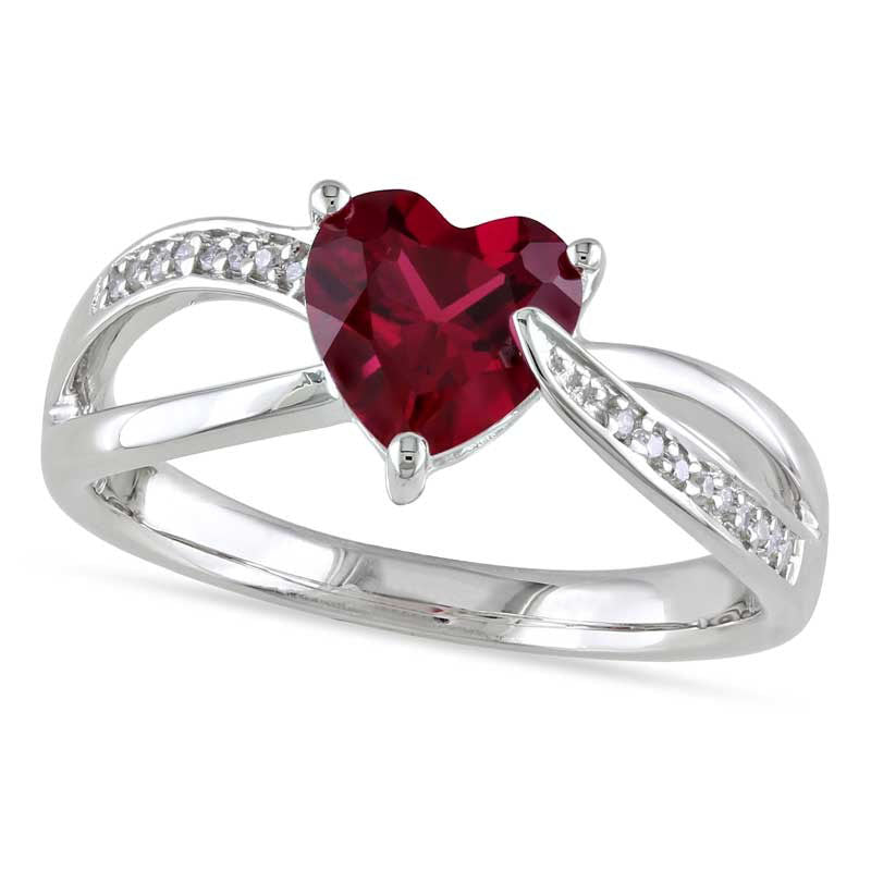 Image of ID 1 70mm Heart-Shaped Lab-Created Ruby and 005 CT TW Diamond Ring in Sterling Silver