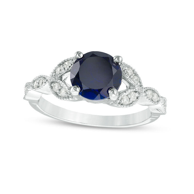 Image of ID 1 70mm Lab-Created Blue Sapphire and 017 CT TW Diamond Antique Vintage-Style Petals Engagement Ring in Solid 10K White Gold
