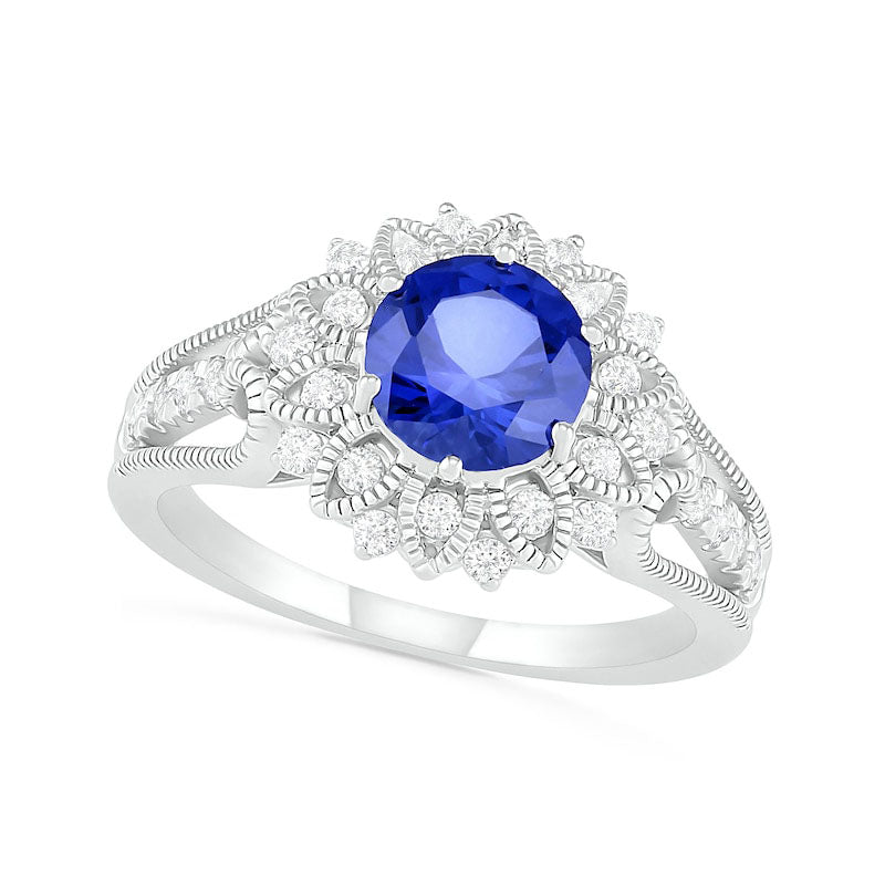 Image of ID 1 70mm Lab-Created Blue and White Sapphire Frame Triple Row Split Shank Antique Vintage-Style Flower Ring in Sterling Silver