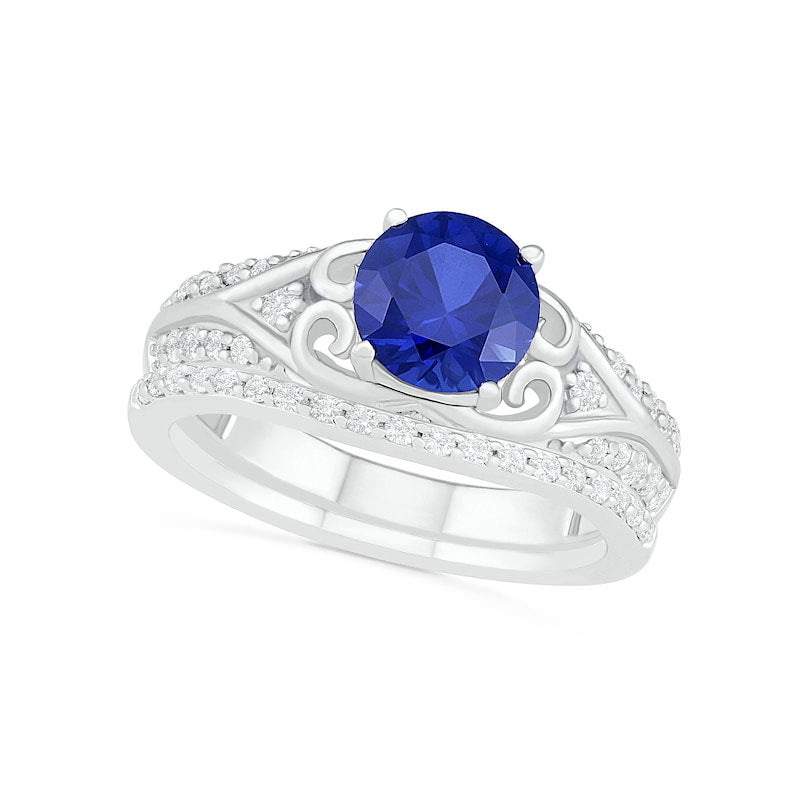 Image of ID 1 70mm Lab-Created Blue and White Sapphire Scroll-Sides Antique Vintage-Style Split Shank Bridal Engagement Ring Set in Sterling Silver