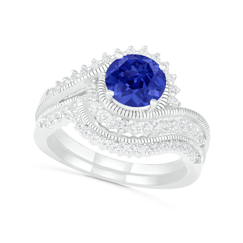 Image of ID 1 70mm Lab-Created Blue and White Sapphire Sunburst Bypass Frame Antique Vintage-Style Bridal Engagement Ring Set in Sterling Silver