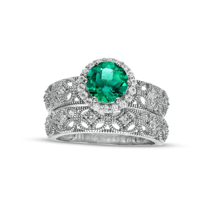 Image of ID 1 70mm Lab-Created Emerald and White Lab-Created Sapphire Frame Leaf Shank Antique Vintage-Style Bridal Engagement Ring Set in Sterling Silver