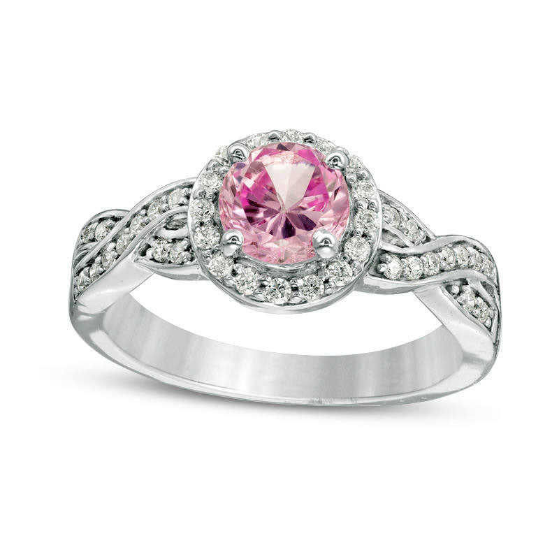 Image of ID 1 70mm Lab-Created Pink Sapphire and 025 CT TW Diamond Braid Engagement Ring in Sterling Silver