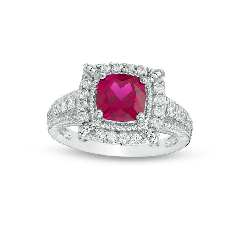 Image of ID 1 70mm Lab-Created Ruby and White Sapphire Square Rope Frame Ring in Sterling Silver - Size 7