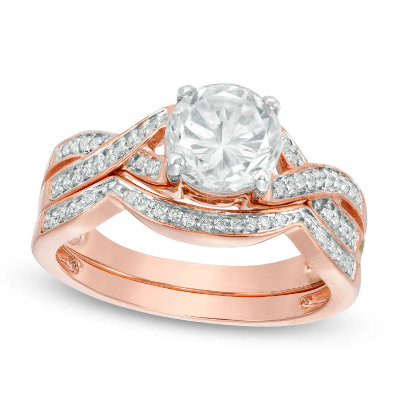 Image of ID 1 70mm Lab-Created White Sapphire and 017 CT TW Diamond Twist Bridal Engagement Ring Set in Solid 10K Rose Gold