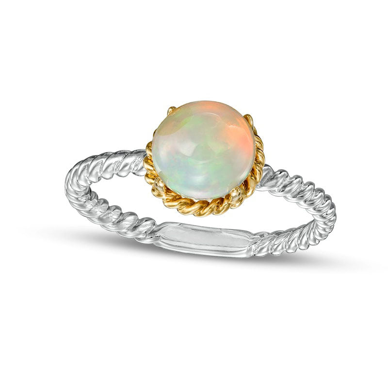Image of ID 1 70mm Opal Solitaire Rope-Textured Frame and Shank Ring in Sterling Silver and Solid 10K Yellow Gold
