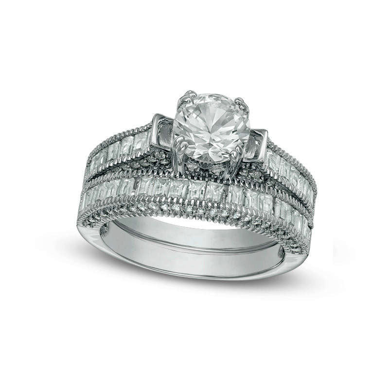 Image of ID 1 70mm Princess-Cut Lab-Created White Sapphire Bridal Engagement Ring Set in Sterling Silver