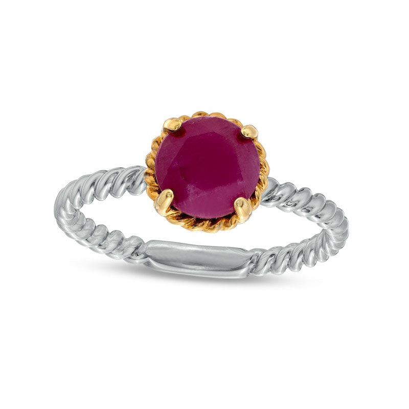Image of ID 1 70mm Ruby Solitaire Rope-Textured Frame and Shank Ring in Sterling Silver and Solid 10K Yellow Gold
