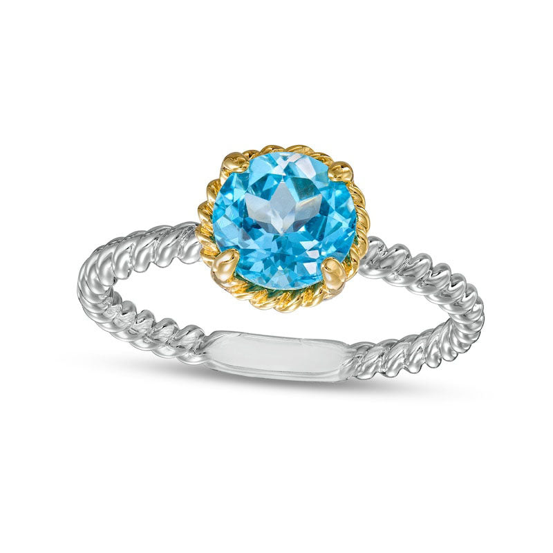Image of ID 1 70mm Swiss Blue Topaz Solitaire Rope-Textured Frame and Shank Ring in Sterling Silver and Solid 10K Yellow Gold