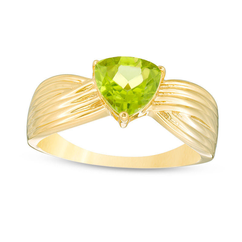 Image of ID 1 70mm Trillion-Cut Peridot Crossover Ring in Sterling Silver with Solid 14K Gold Plate