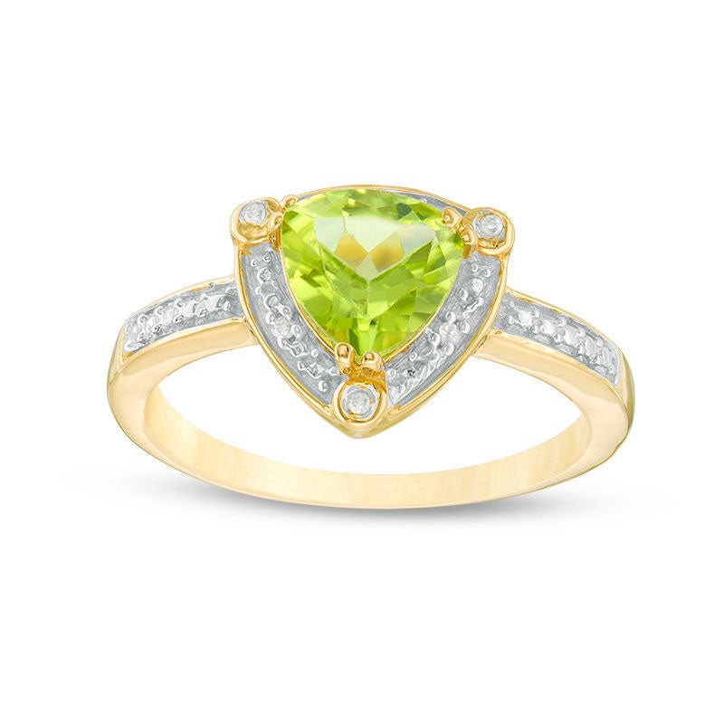 Image of ID 1 70mm Trillion-Cut Peridot and Natural Diamond Accent Frame Ring in Sterling Silver with Solid 14K Gold Plate