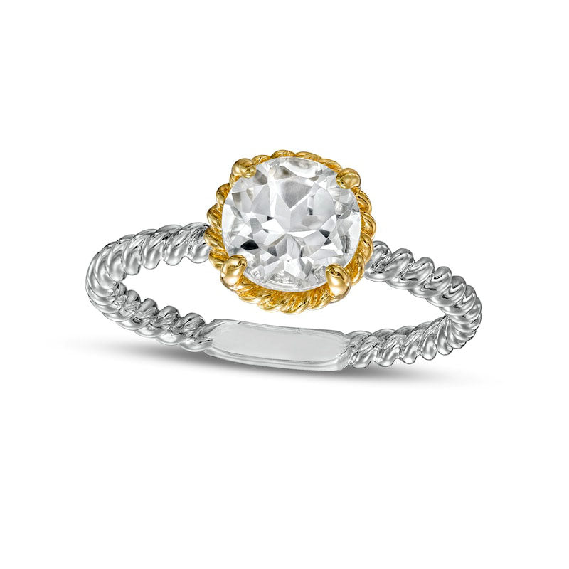 Image of ID 1 70mm White Topaz Solitaire Rope-Textured Frame and Shank Ring in Sterling Silver and Solid 10K Yellow Gold