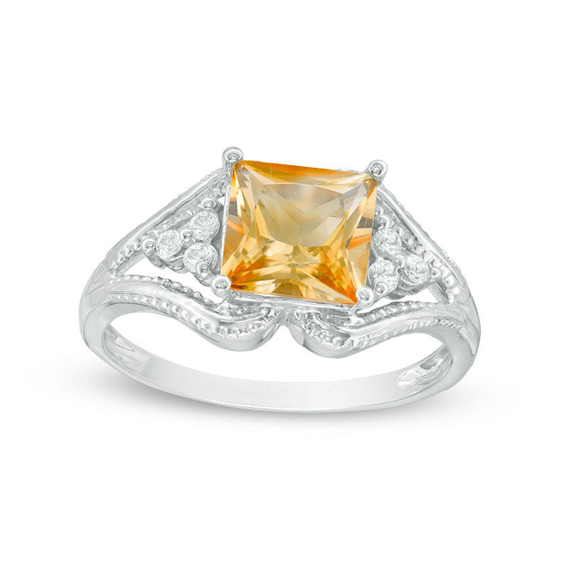 Image of ID 1 725mm Princess-Cut Citrine and Lab-Created White Sapphire Split Shank Ring in Sterling Silver