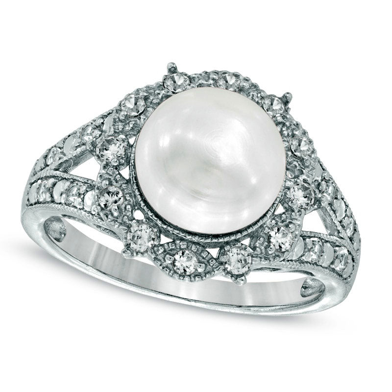 Image of ID 1 80 - 85mm Cultured Freshwater Pearl and Lab-Created White Sapphire Antique Vintage-Style Ring in Sterling Silver