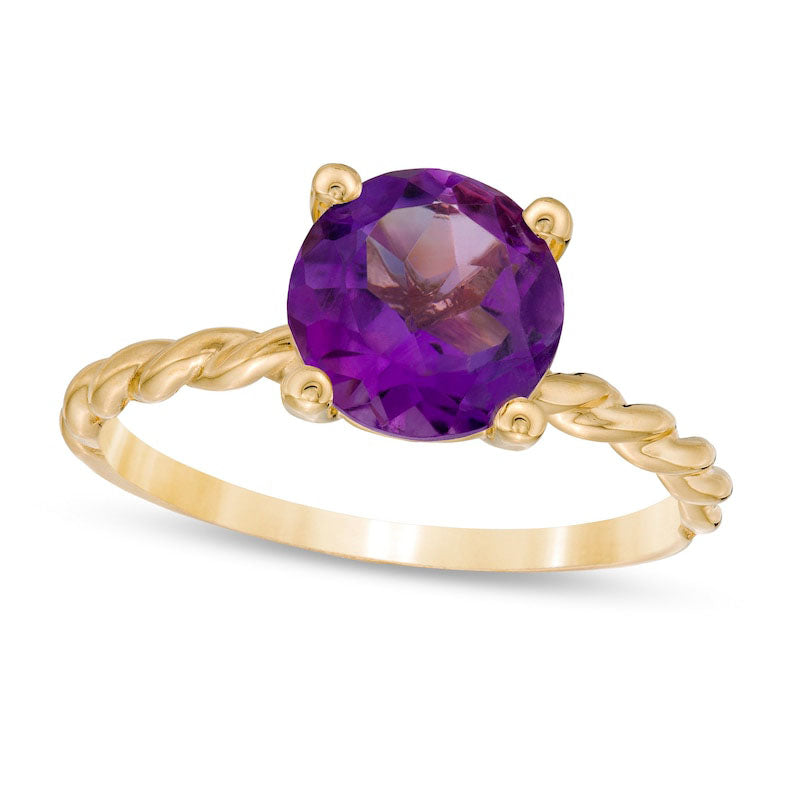 Image of ID 1 80mm Amethyst Solitaire Rope Shank Ring in Solid 10K Yellow Gold